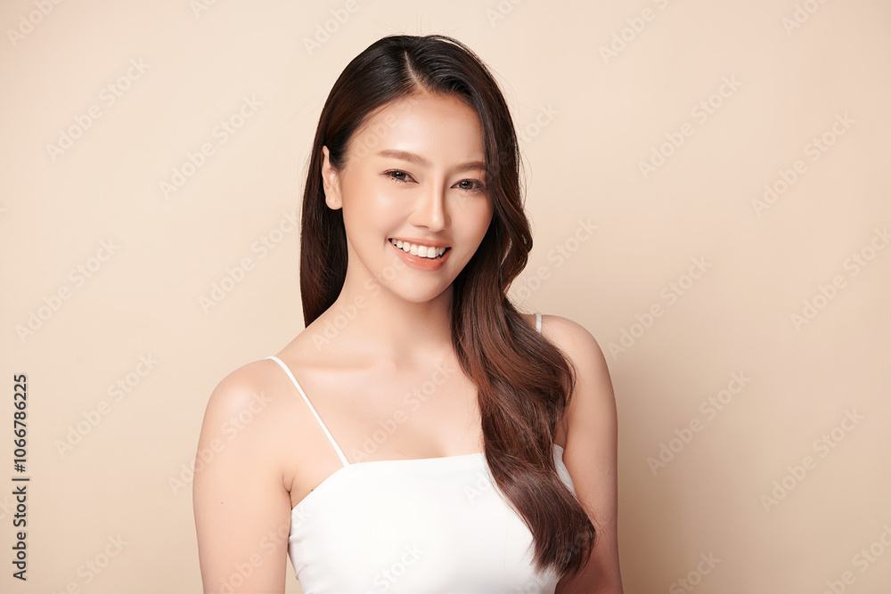 Beautiful young asian woman with clean fresh skin on beige background, Face care, Facial treatment, Cosmetology, beauty and spa, Asian women portrait. Beautiful young asian woman with clean fresh skin on beige background, Face care, Facial treatment, Cosmetology, beauty and spa, Asian women portrait.