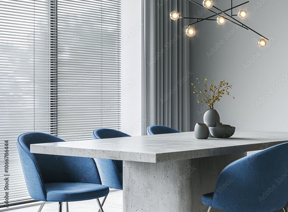Sleek dining space featuring a concrete table with blue seating options.