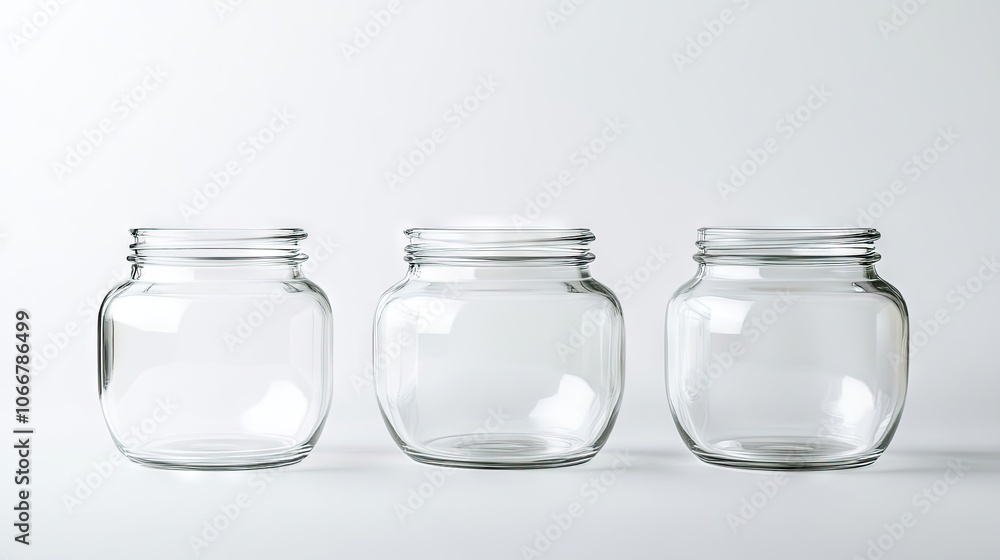 Three glass jars arranged aesthetically on a white background, emphasizing the beauty of glass jars while providing ample copy space for creative use. Perfect for various themes involving glass jars. Three glass jars arranged aesthetically on a white background, emphasizing the beauty of glass jars while providing ample copy space for creative use. Perfect for various themes involving glass jars.