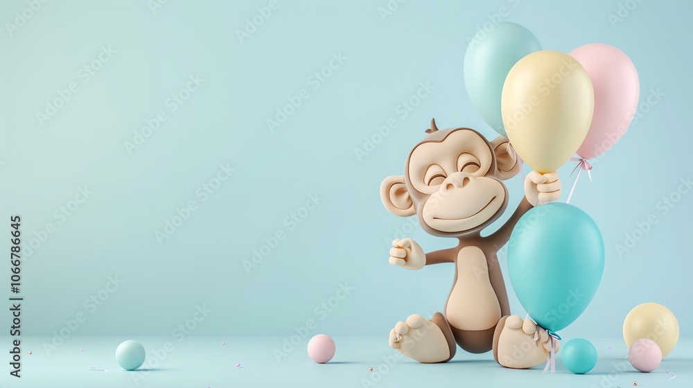 A cute cartoon monkey holding balloons on a light blue background. A cute cartoon monkey holding balloons on a light blue background.