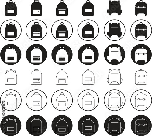 Backpack, School bag flat and line Icons set. Back to School Concept. Signs bag for school children, student, travel and hiking tourist symbol. Suitable for website isolated on transparent background.