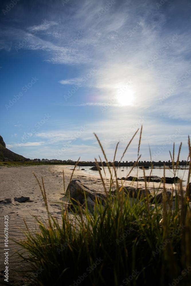 Serene beach scene with tall grass and bright sun. Serene beach scene with tall grass and bright sun.