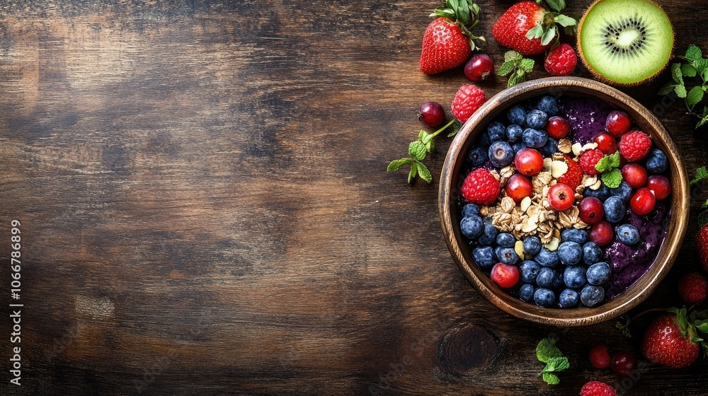 An acai bowl filled with vibrant fresh fruits, crunchy nuts, and nutritious seeds presented beautifully on a wooden table, complemented by ample copy space for creative use. An acai bowl filled with vibrant fresh fruits, crunchy nuts, and nutritious seeds presented beautifully on a wooden table, complemented by ample copy space for creative use.