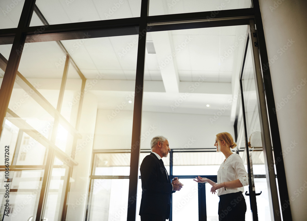 © peopleimages.com - CEO man, woman and secretary in office with conversation for schedule, agenda and low angle at company. Business people, talking and discussion with plan, reminder and assistant at insurance agency