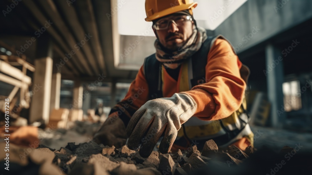 Construction Worker Examining Debris Construction Worker Examining Debris