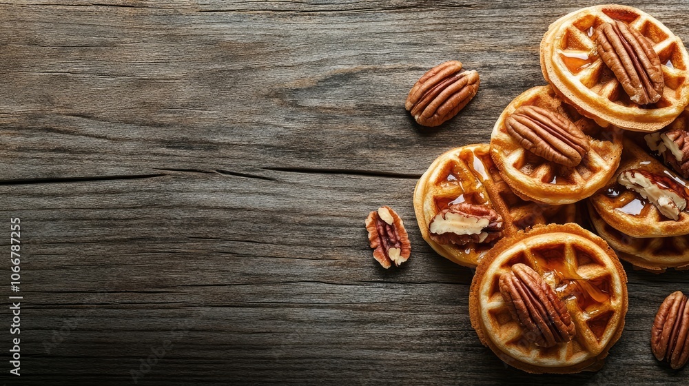 Delicious sliced waffles topped with maple syrup and pecans create a mouthwatering scene on a rustic wooden background. This waffle arrangement invites enjoyment and enticing flavors. Delicious sliced waffles topped with maple syrup and pecans create a mouthwatering scene on a rustic wooden background. This waffle arrangement invites enjoyment and enticing flavors.