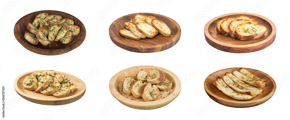 Garlic breads on round wooden plates isolated on a transparent or white background, cut out, PNG Garlic breads on round wooden plates isolated on a transparent or white background, cut out, PNG