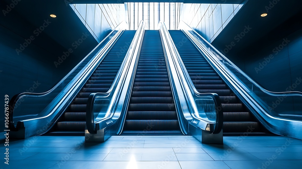 Three Escalators Leading Upwards in a Modern Building Three Escalators Leading Upwards in a Modern Building