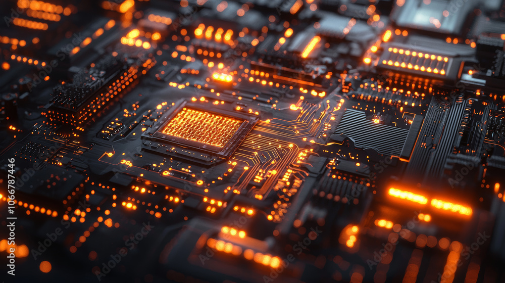 close up view of circuit board featuring glowing circuits and intricate patterns, showcasing advanced technology and innovation. vibrant orange lights create dynamic and futuristic atmosphere close up view of circuit board featuring glowing circuits and intricate patterns, showcasing advanced technology and innovation. vibrant orange lights create dynamic and futuristic atmosphere