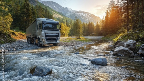 A Gray Semi-Truck Navigates a Rocky Stream in a Mountainous Landscape photo