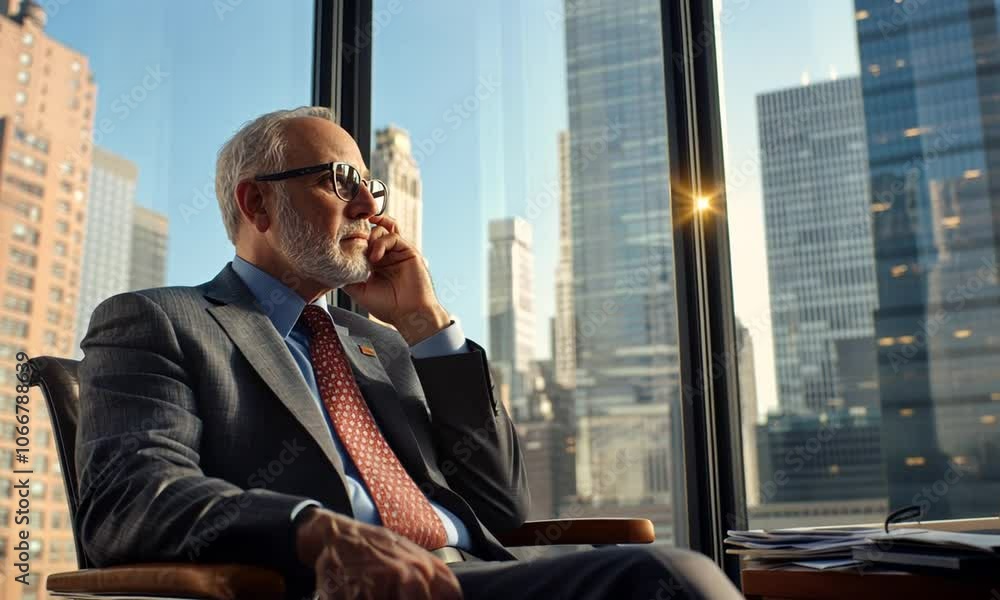 Businessman in Suit Looking Out Window at Cityscape Businessman in Suit Looking Out Window at Cityscape