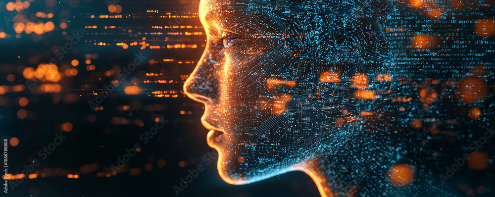 Digital representation of human face with glowing data streams, symbolizing neural interfaces and technology integration Digital representation of human face with glowing data streams, symbolizing neural interfaces and technology integration