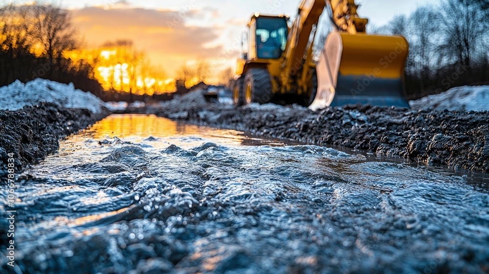 Close-up of a Stream Running Through a Construction Site with an Excavator in the Background Close-up of a Stream Running Through a Construction Site with an Excavator in the Background