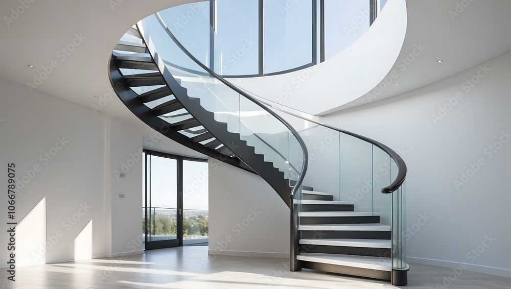 Spiral staircase with modern design and sunlight streaming through large windows
Spiral staircase with modern design and sunlight streaming through large windows