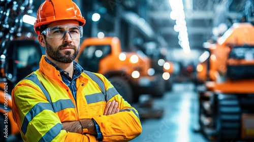 confident technician in safety jacket and helmet stands in busy industrial environment, showcasing professionalism and readiness for work