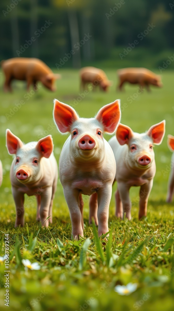Three piglets walk across a grassy field on a sunny day Three piglets walk across a grassy field on a sunny day