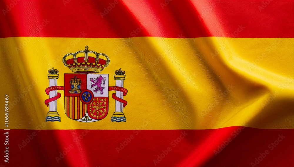 Spanish flag waving in the wind. Close up of Spanish banner blowing, soft and smooth silk. Cloth fabric texture ensign background Spanish flag waving in the wind. Close up of Spanish banner blowing, soft and smooth silk. Cloth fabric texture ensign background