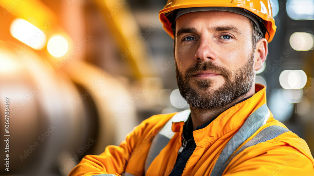 confident technician in orange safety jacket and helmet stands in industrial setting, showcasing professionalism and dedication to safety confident technician in orange safety jacket and helmet stands in industrial setting, showcasing professionalism and dedication to safety