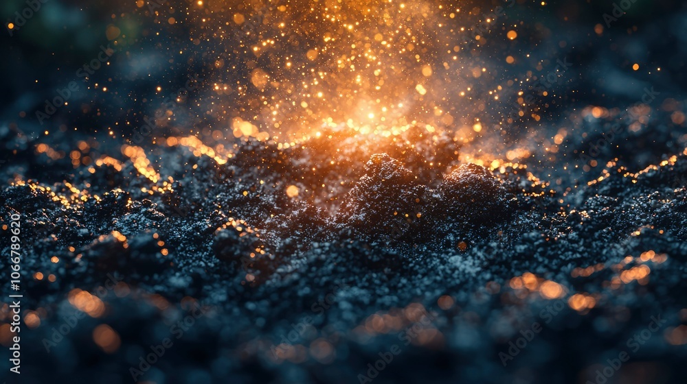 Abstract Golden Lights Erupting From Black Surface