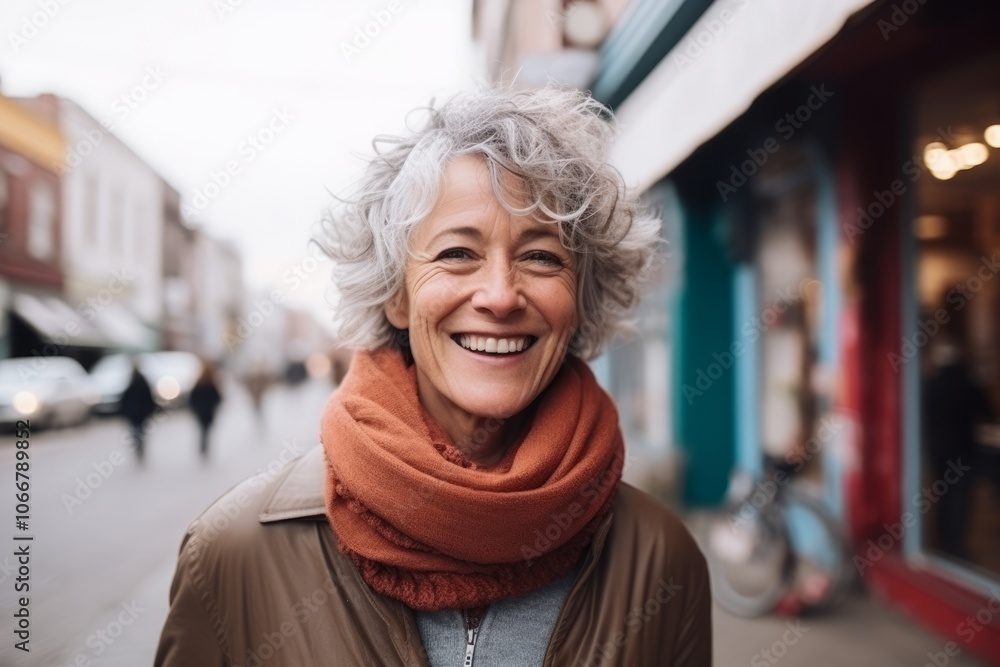 Portrait of a smiling senior woman with scarf walking in the city Portrait of a smiling senior woman with scarf walking in the city