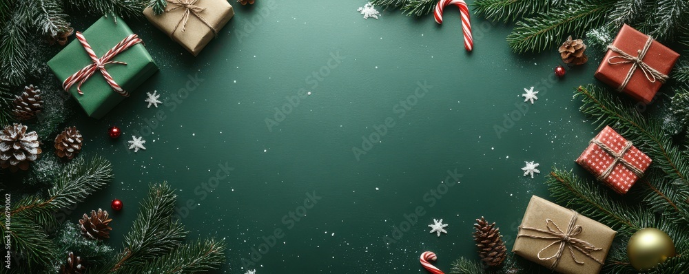 Obraz premium Festive Christmas background with green surface decorated with gift boxes, candy canes, and red ornaments showcasing holiday cheer and winter celebration atmosphere.