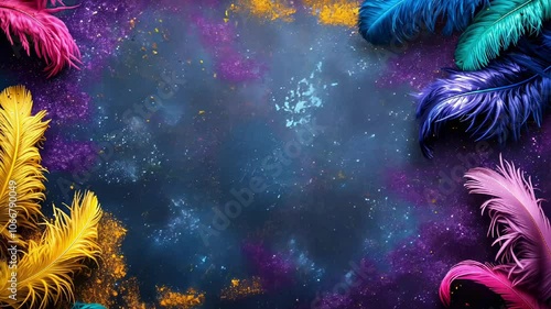 Mardi Gras Masquerade backgroung with glitter, carnival feathers, and copy space, in purple, green, and yellow colors