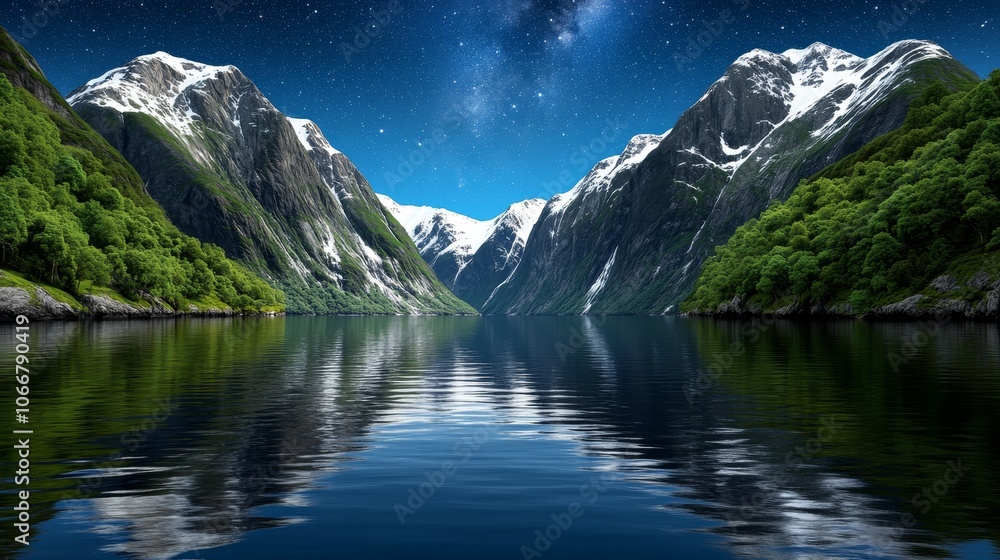 Majestic Mountain Peaks Reflecting in Calm Fjord Waters Under a Starry Sky Majestic Mountain Peaks Reflecting in Calm Fjord Waters Under a Starry Sky