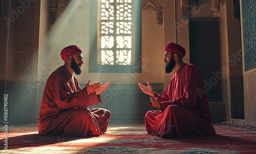 Two Men in Red Robes Converse in a Mosque