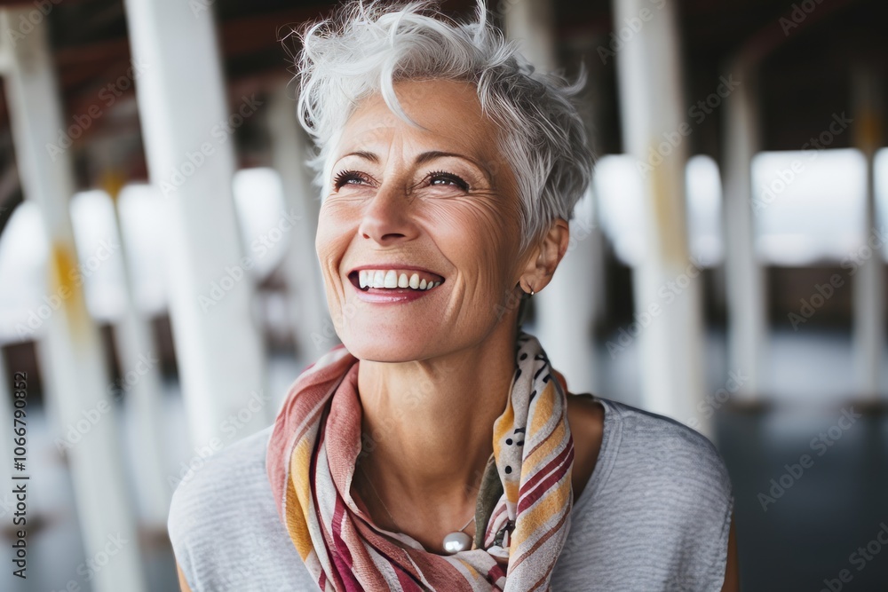 Portrait of smiling senior woman with scarf standing in corridor at home Portrait of smiling senior woman with scarf standing in corridor at home