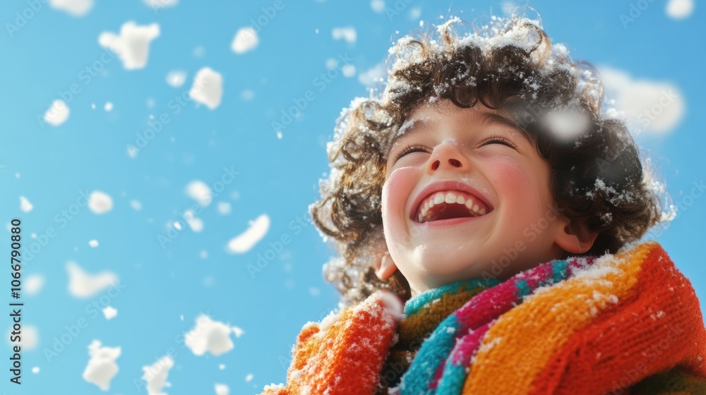 Joyful young boy with curly hair playing in snowy winter wonderland with copy space Joyful young boy with curly hair playing in snowy winter wonderland with copy space