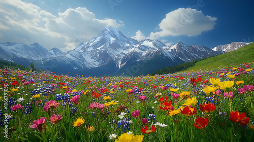 A breathtaking photography capturing the snow-capped peaks of the Rocky Mountains under a bright blue sky, with lush green meadows below dotted with wildflowers blooming in vibrant colors.