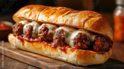 A delicious meatball sub on a crusty roll. Perfect for showcasing Italian cuisine and comfort food.