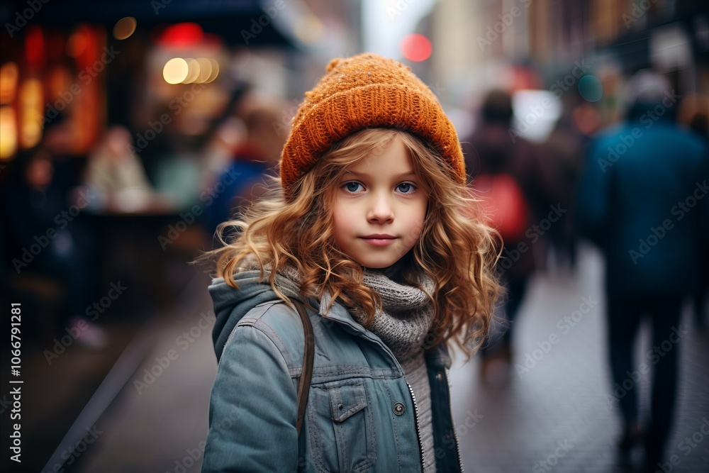Portrait of a beautiful little girl in a hat and scarf on the street. Portrait of a beautiful little girl in a hat and scarf on the street.