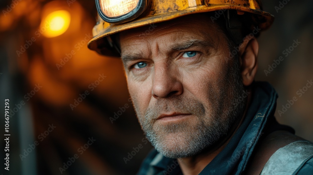 Portrait of a mature miner with helmet light, experienced and rugged, blue eyes in dimly lit mining tunnel, industry worker, close-up focused expression Portrait of a mature miner with helmet light, experienced and rugged, blue eyes in dimly lit mining tunnel, industry worker, close-up focused expression