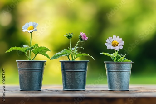 Trois seaux métalliques avec des fleurs sur fond vert photo