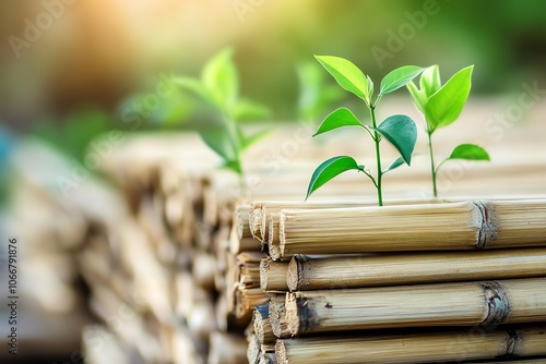 Petites plantes vertes émergeant de tiges de bambou pour la durabilité