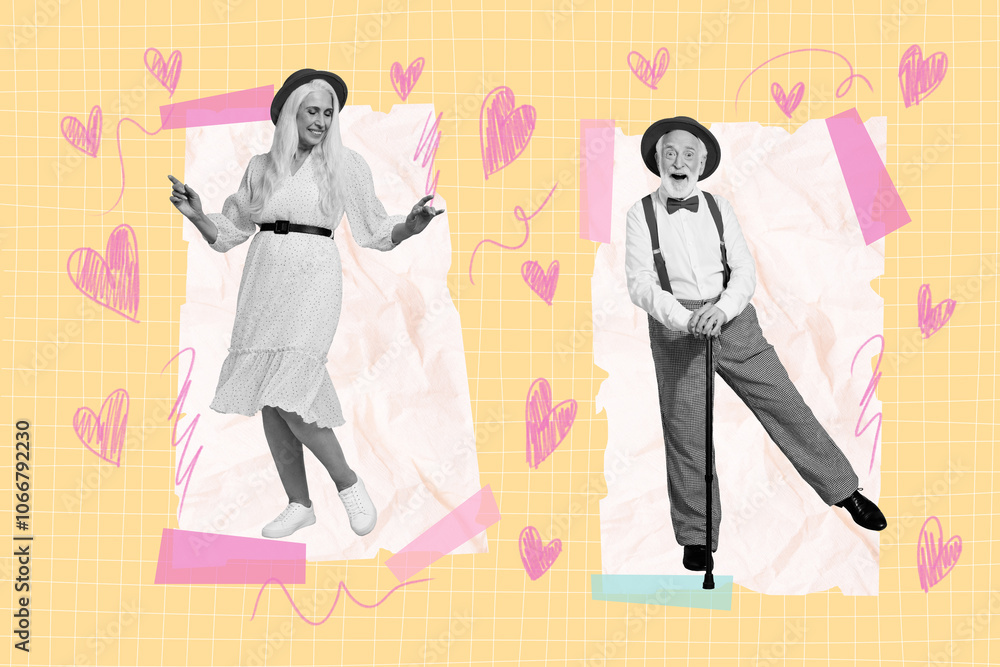 Composite photo collage of two happy old woman man family dance valentine heart doodle celebration event isolated on painted background Composite photo collage of two happy old woman man family dance valentine heart doodle celebration event isolated on painted background