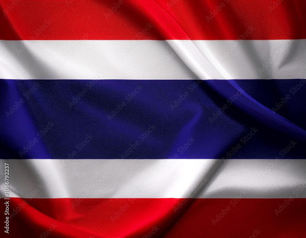 Fototapeta premium Thailand flag waving in the wind. Close up of Thailand banner blowing, soft and smooth silk. Cloth fabric texture ensign background. Use it for national day and country occasions concept