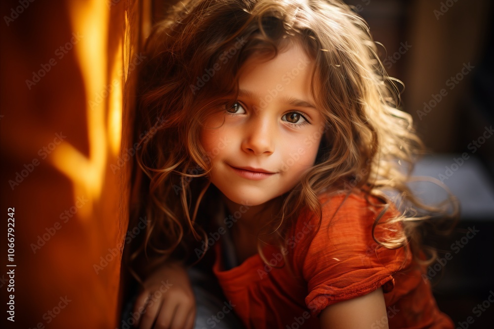 Portrait of a beautiful little girl with long curly hair in orange dress. Portrait of a beautiful little girl with long curly hair in orange dress.