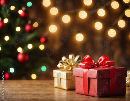 Giftboxes and decoration for xmas background with light and xmas tree