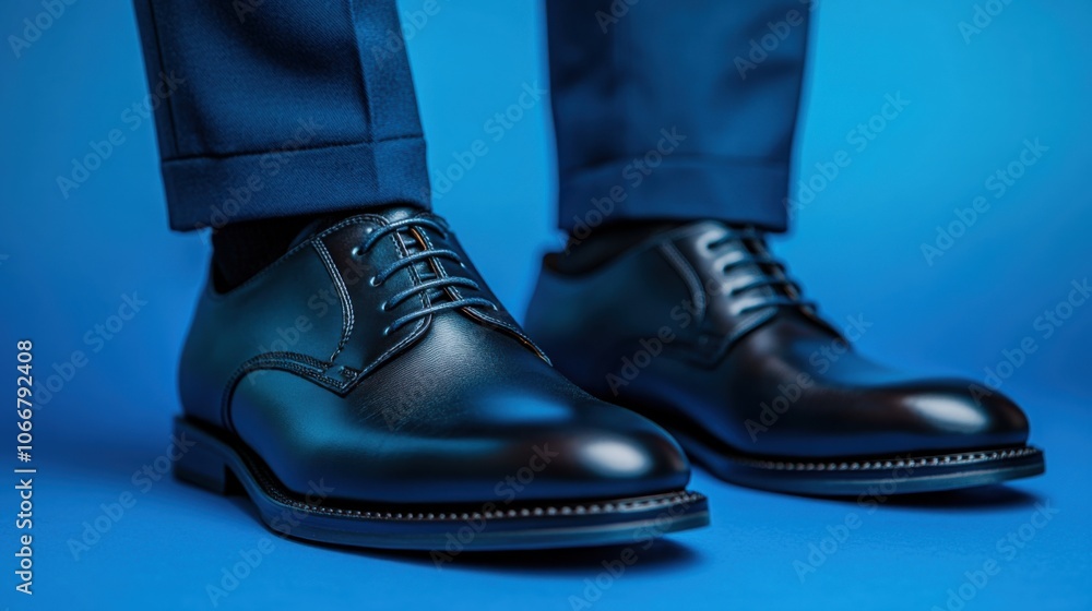 Polished black leather dress shoes, close-up of formal footwear, business shoes on blue floor, luxury style, men’s fashion, professional attire, sophisticated details, modern office Polished black leather dress shoes, close-up of formal footwear, business shoes on blue floor, luxury style, men’s fashion, professional attire, sophisticated details, modern office