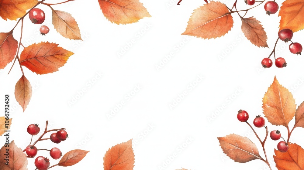 Fototapeta premium A beautifully designed autumn-themed frame featuring orange leaves and red berries against a white background.