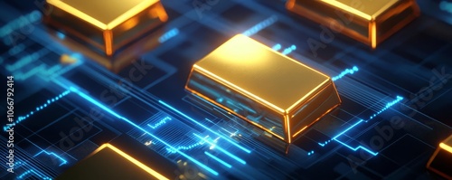 Gold bars on a modern stock chart, glowing digital highlights, deep blue tones, sleek style