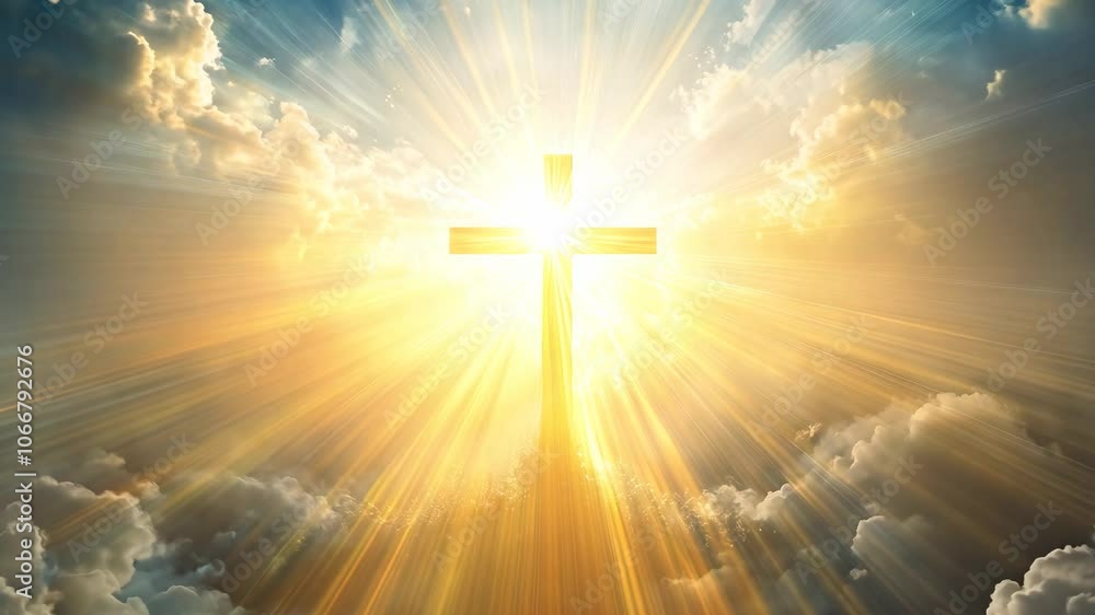 Cross in heavenly scene, light shining down symbolizing resurrection Cross in heavenly scene, light shining down symbolizing resurrection