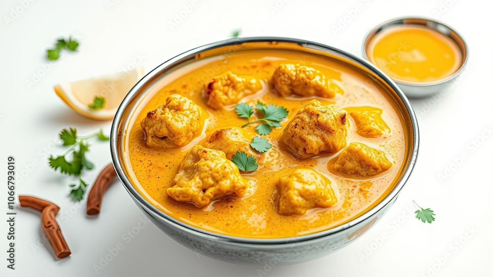 High-Resolution Drone Photography of a Delicious Indian Chicken Korma Curry Isolated on White Background for Culinary and Food Photography High-Resolution Drone Photography of a Delicious Indian Chicken Korma Curry Isolated on White Background for Culinary and Food Photography
