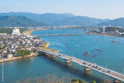 Cityscape of Karatsu city, view from the top of Karatsu castle, Saga, Kyushu, Japan photo