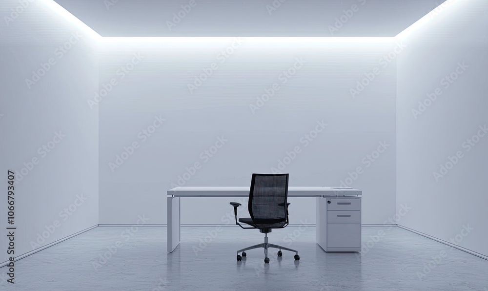 White empty wall mockup for office interior design with a white desk and black chair White empty wall mockup for office interior design with a white desk and black chair