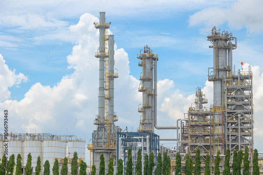 Fototapeta premium Fuel oil and gas petroleum building with distillation columns, Crude oil refinery process plant large construction complex building in petrochemical industrial.