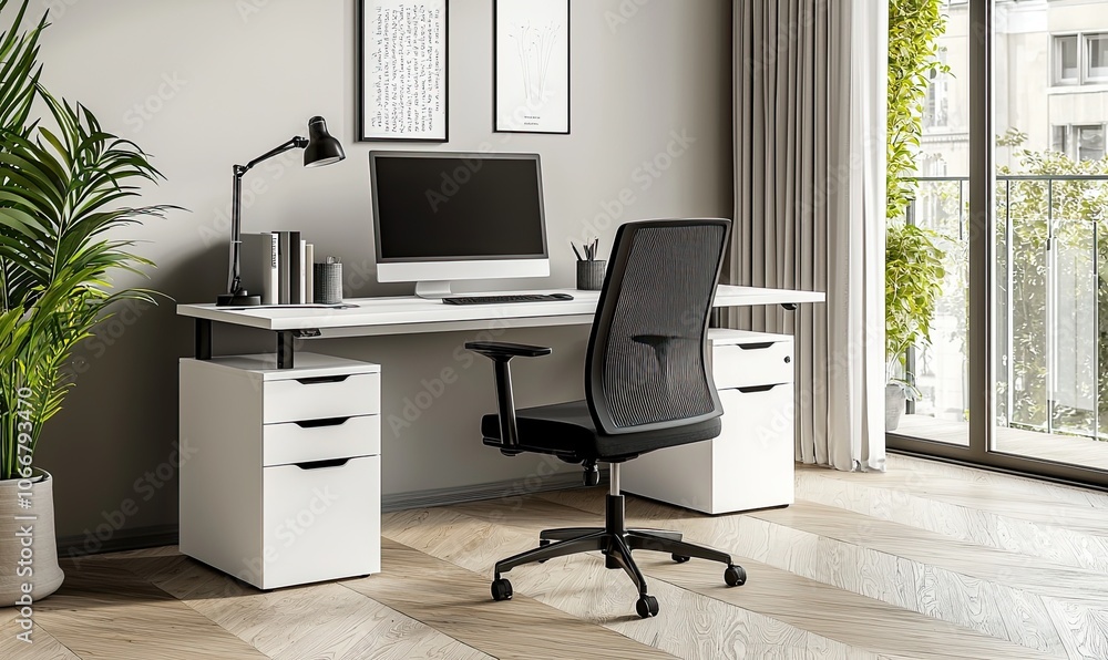 White empty wall mockup for office interior design with a white desk and black chair White empty wall mockup for office interior design with a white desk and black chair