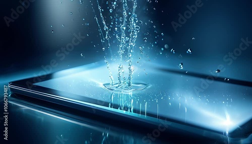 Waterproof tablet device partially submerged in water with splashes and droplets, showcasing durability, resilience, and water-resistant technology for outdoor use.